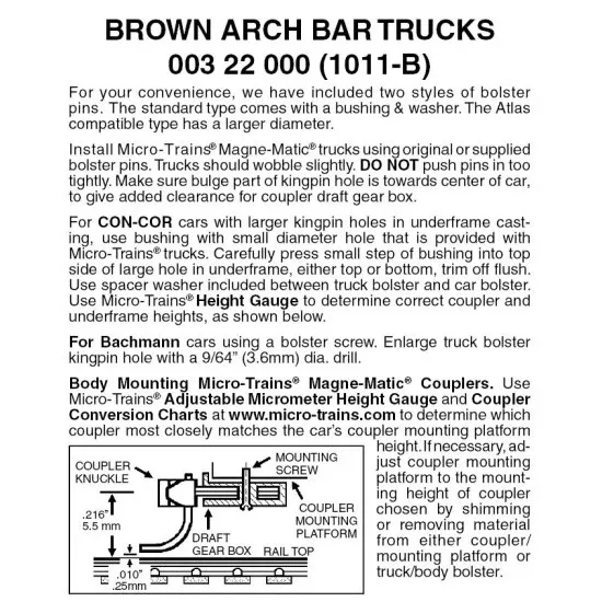 00322000 MICRO TRAINS / 003 22 000 ARCH BAR TRUCKS (1011-B) W/O COUPLERS-(SCALE=N)