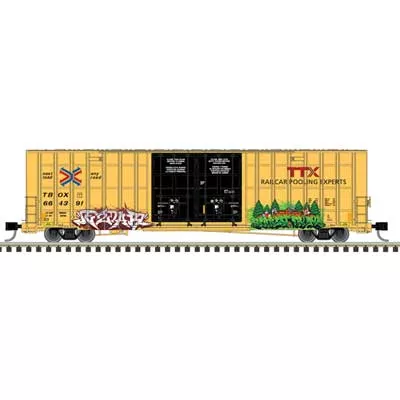 Atlas 50006938 Gunderson 7550 Double-Door Boxcar - Ready to Run -- TTX TBOX #664263 (yellow, black, red logo, Graffiti) N Scale