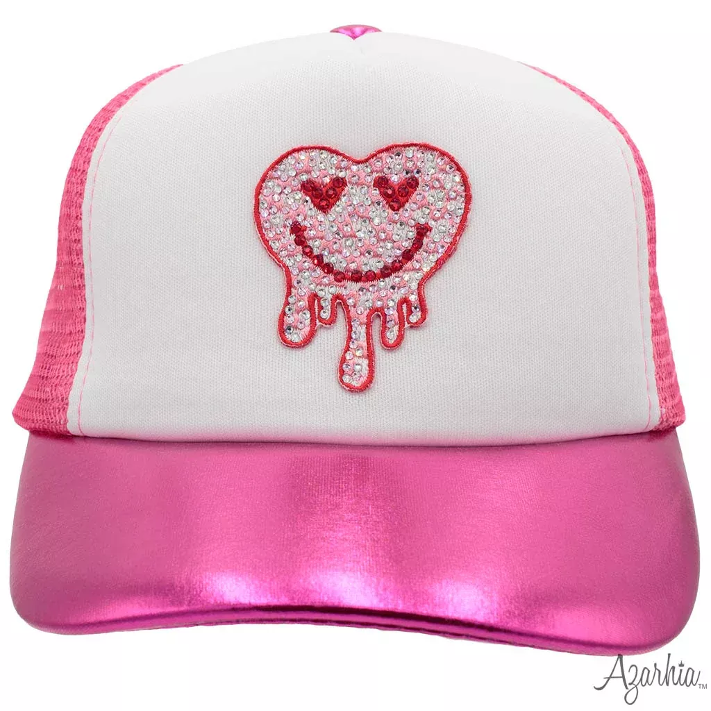 Azarhia Valentine Hot Pink Metallic Drip Heart Rhinestone Trucker Hat