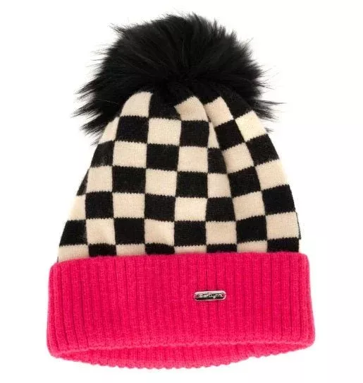 Bari Lynn Checkered Beanie with Faux Fur Pom Pom