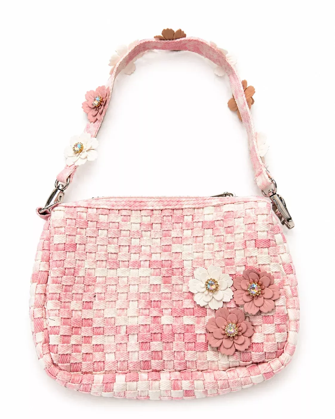 Bari Lynn Denim Weave Flower Charm BagPink/White