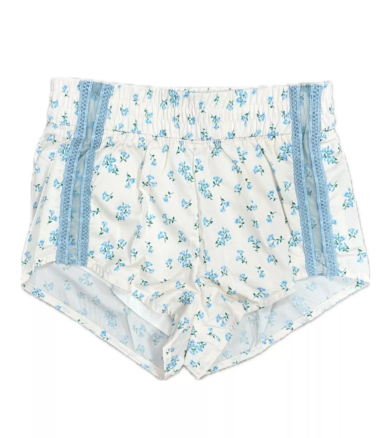 Blue Floral Prints Lace Mesh Detail Shorty Shorts W/ Panty Lining