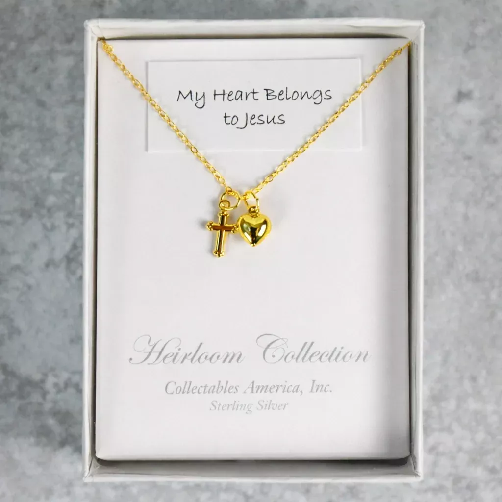 First Communion Gold Cross With Heart Necklace