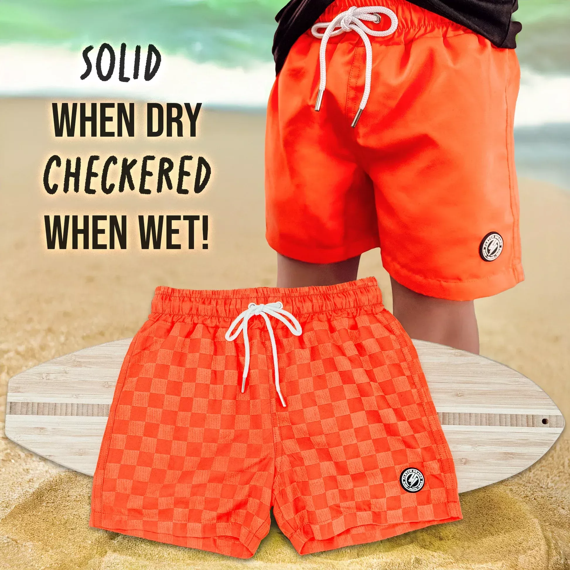 Fletch Neon Orange Checker Swim Trunks