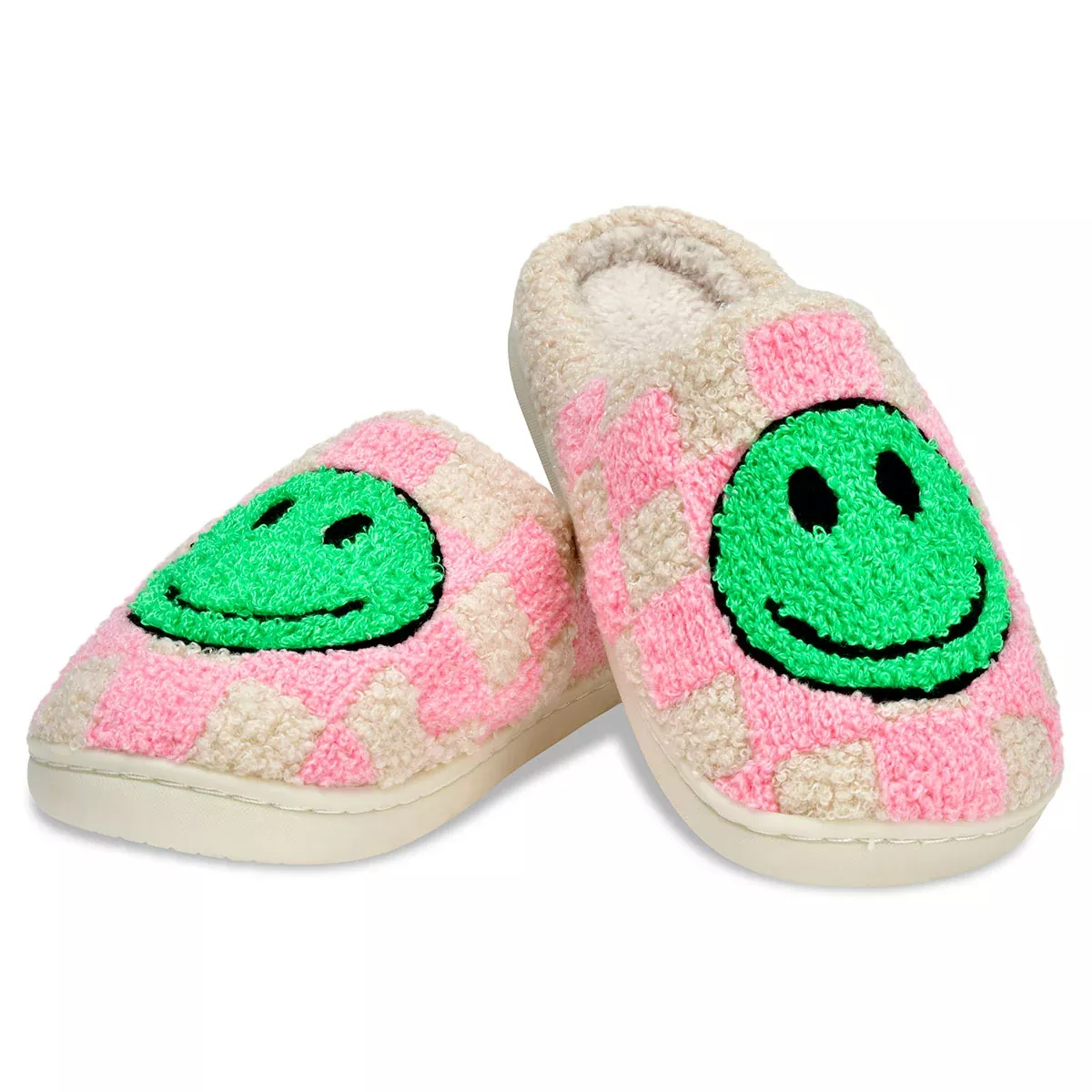 iScream Pink and Green Happy Check Smiley Slippers