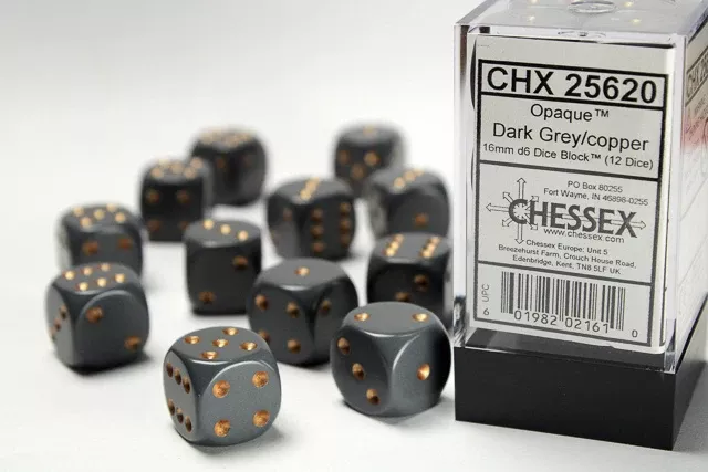 Opaque Dark Grey/Copper 16mm D6 Dice Set (12) CHX25620