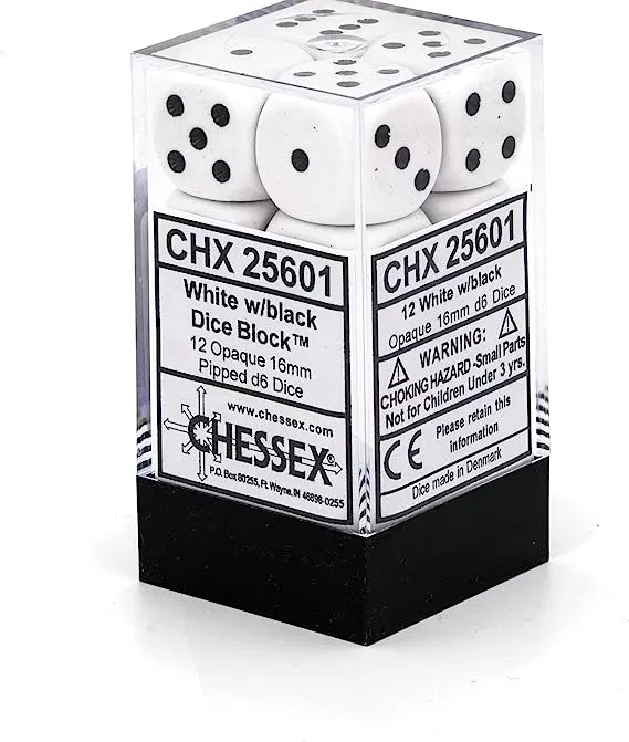Opaque White/ Black 16mm D6 Dice Set (12) CHX25601
