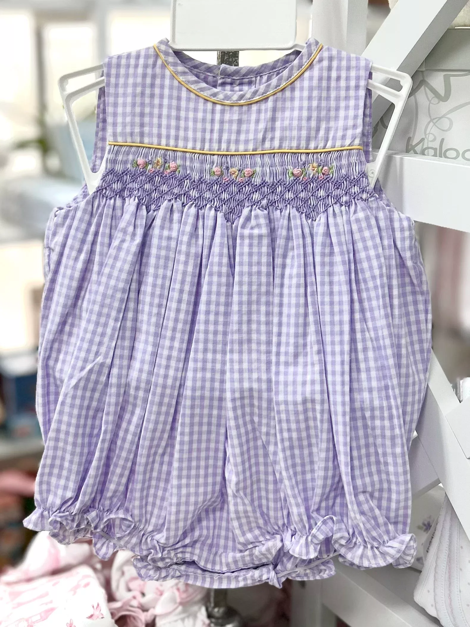 Petit Ami Lavender Gingham Smocked Bubble