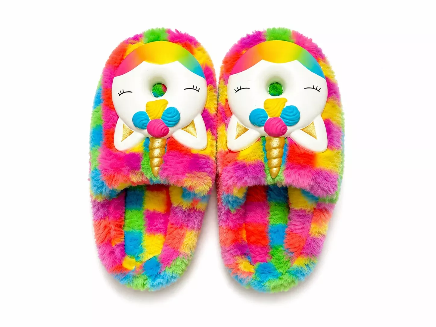 Rainbow Checkered Sparkly Unicorn Plush Slippers