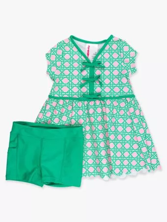 RuffleButts Pink Coastal Cane Active Short Sleeve Bow Dress & Bike Short Set